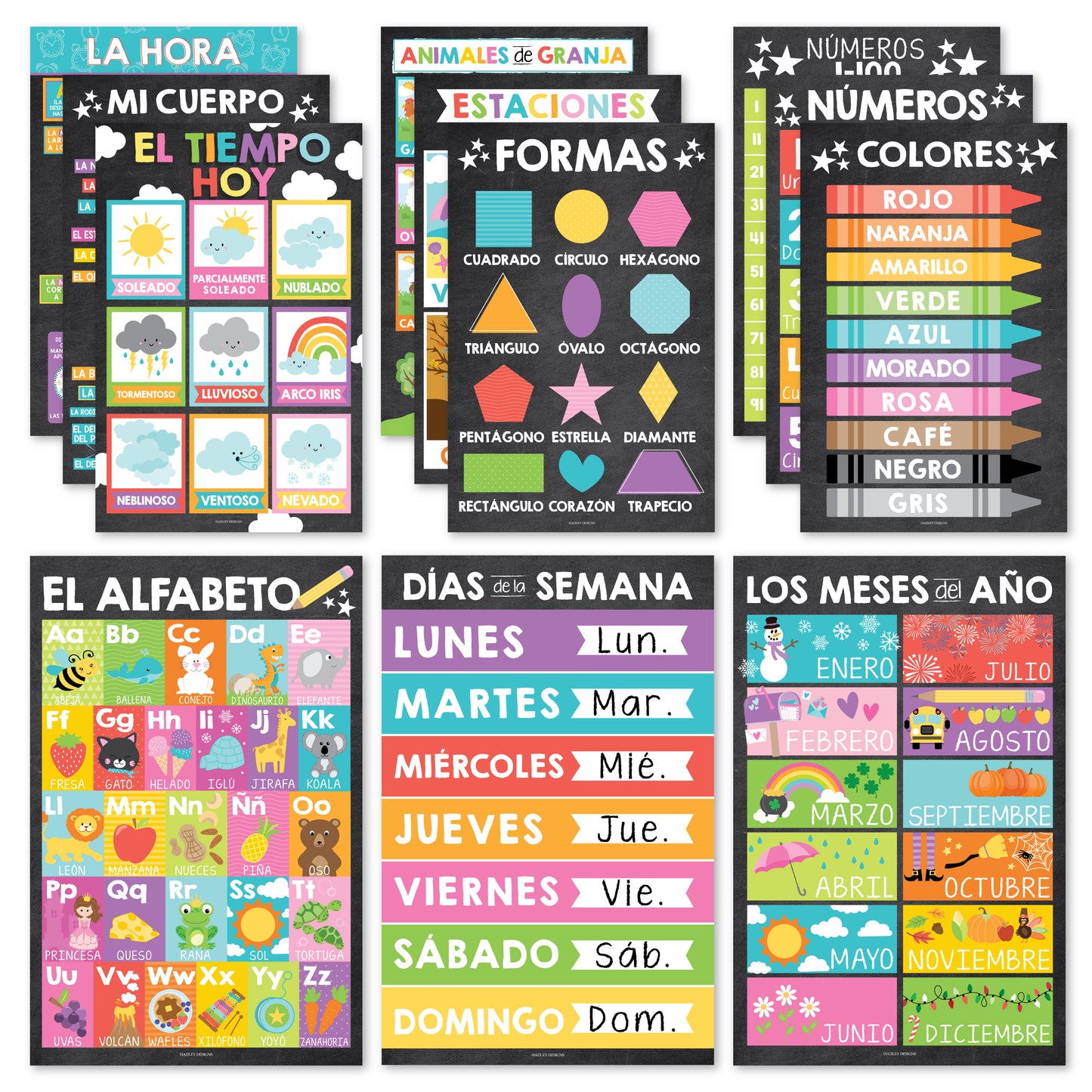 Colorful Chalk Spanish Posters | Set of 12 | Spanish Educational Supplies Duplicate for TikTok Shop