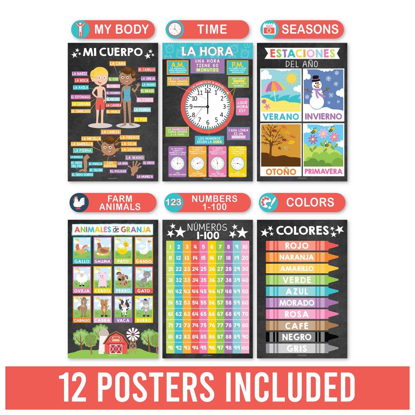 Colorful Chalk Spanish Posters | Set of 12 | Spanish Educational Supplies Duplicate for TikTok Shop