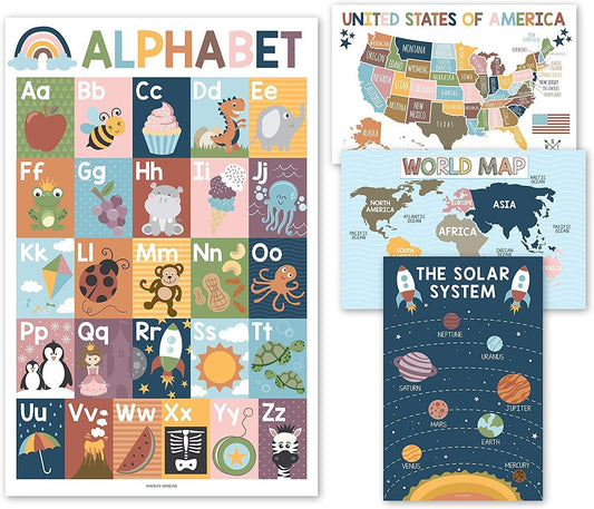 ABC, US Map, World Map, Solar System Posters | Set of 4 | PreK Educational Posters