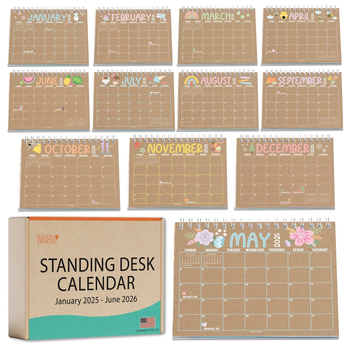 Doodle Kraft Small Desk Calendar | 2025-2026 | Standing Flip Calendar