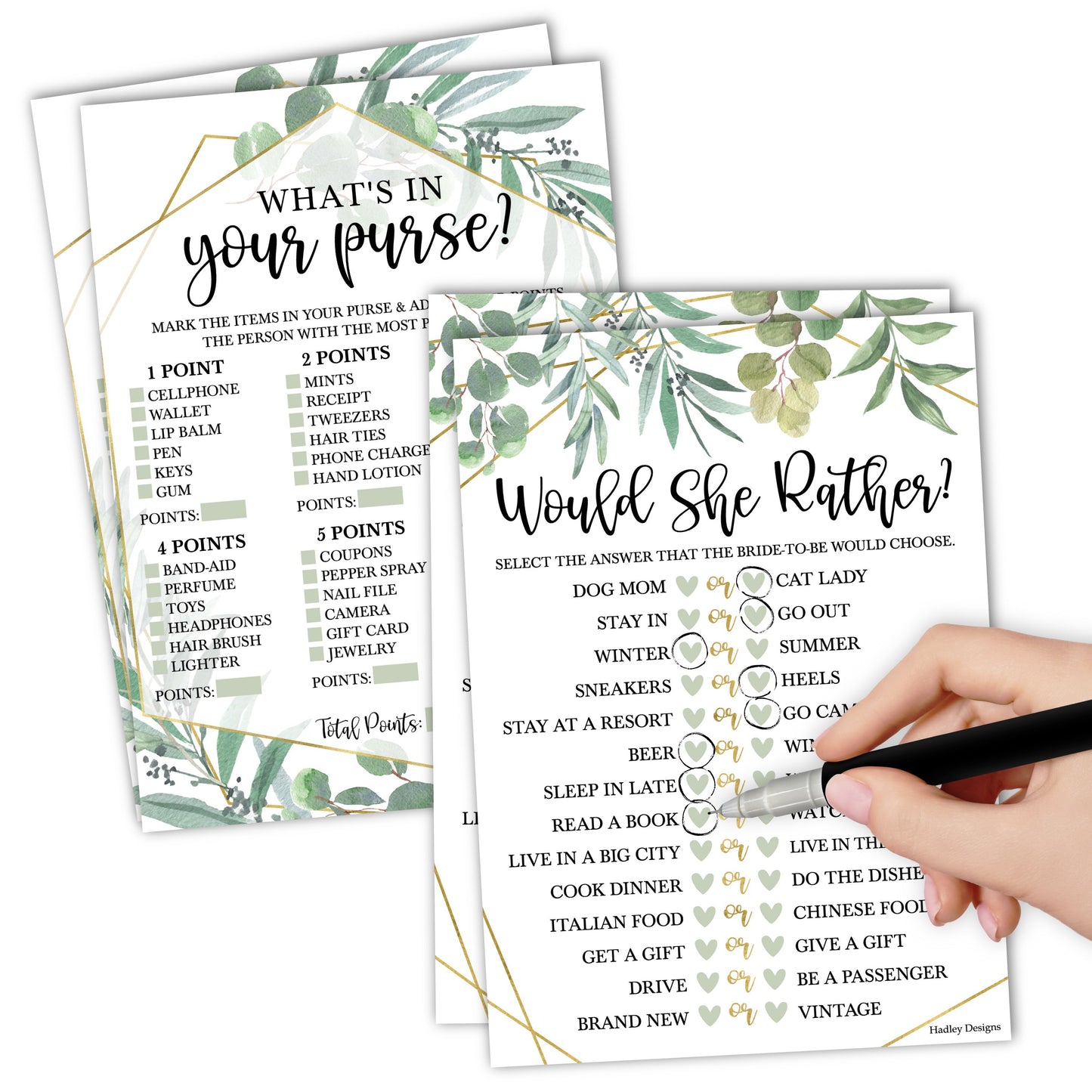 Would She Rather & What's in Your Purse Games | Set of 20 | Bridal Shower Games