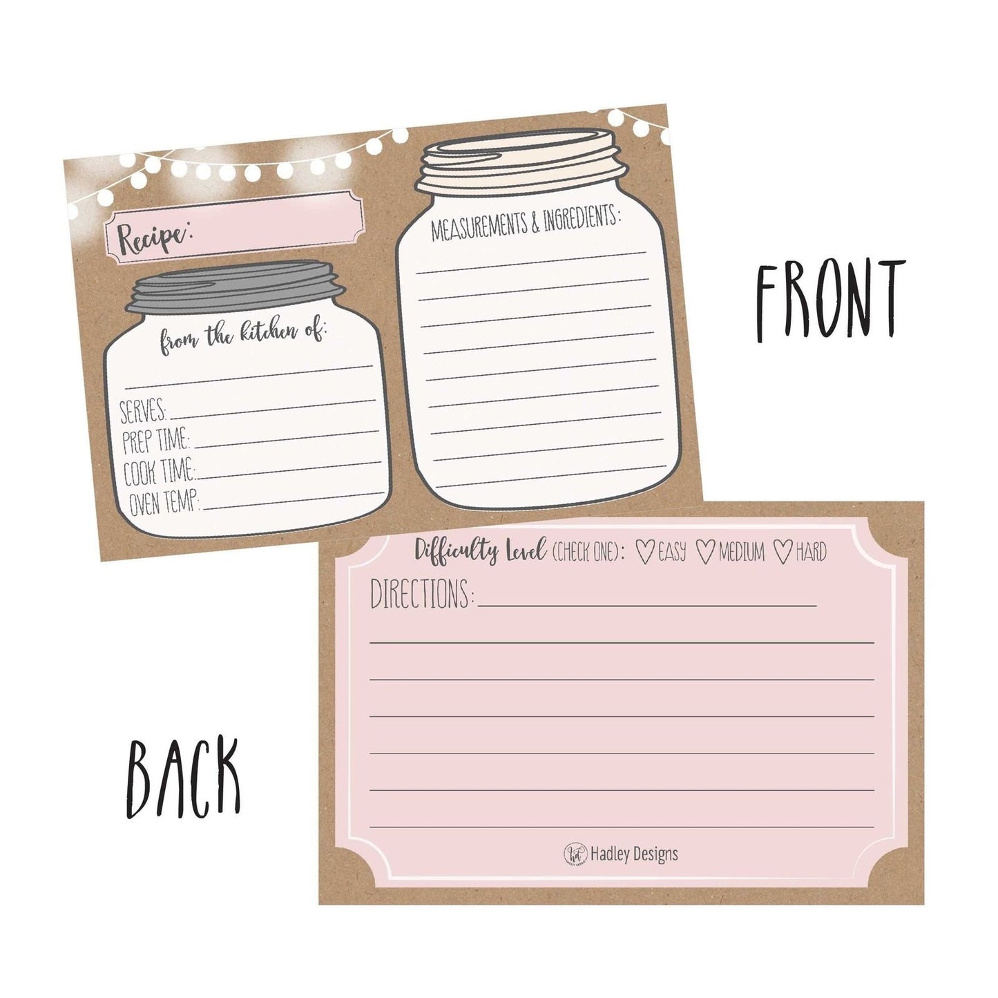 Mason Jar Blank Recipe Cards | Set of 50 Double Sided | 4x6