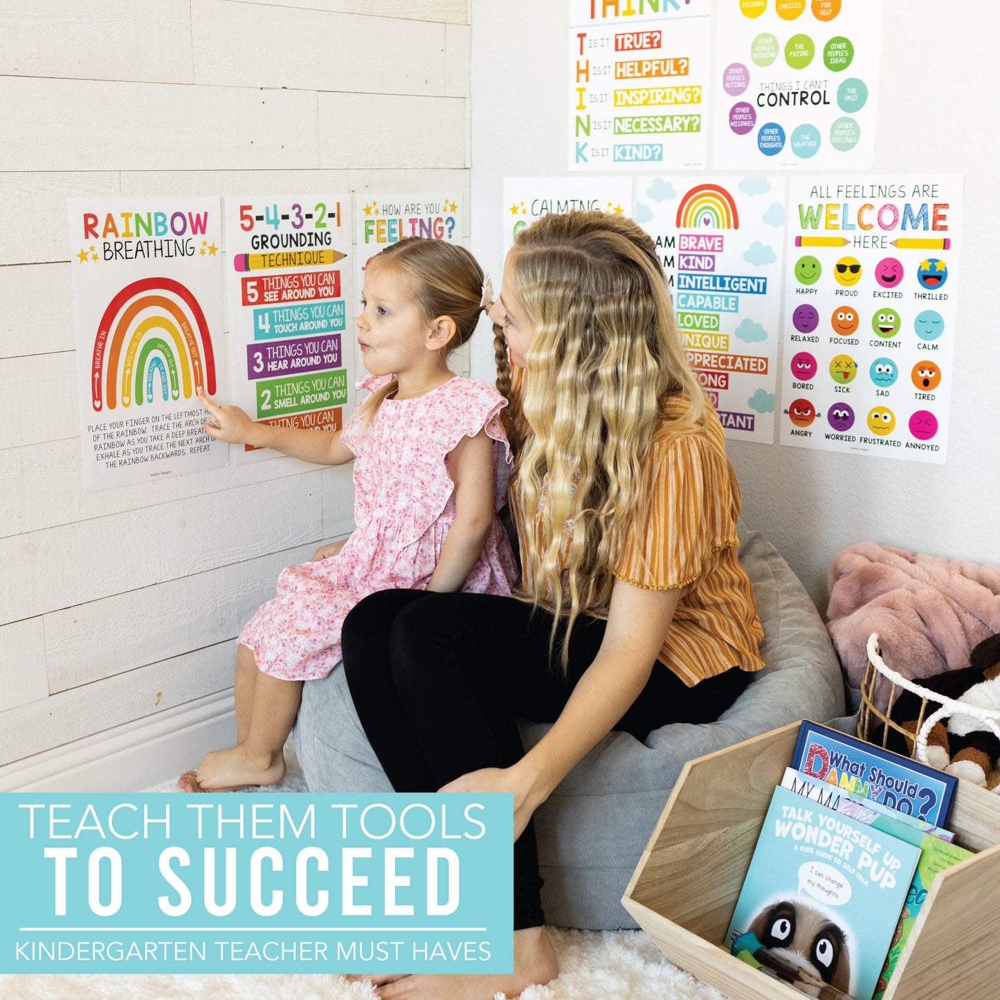 16 Laminated Colorful Prek and Kindergarten Posters, 12 Math Basics Posters and 8 Calming Corner Posters for Classroom or Home