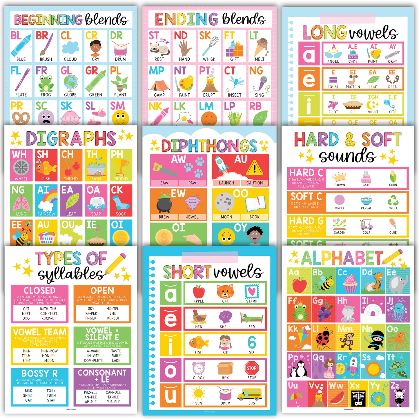 16 Colorful Prek and Kindergarten Posters and 9 Phonics and Vowels Posters for Classroom or Home