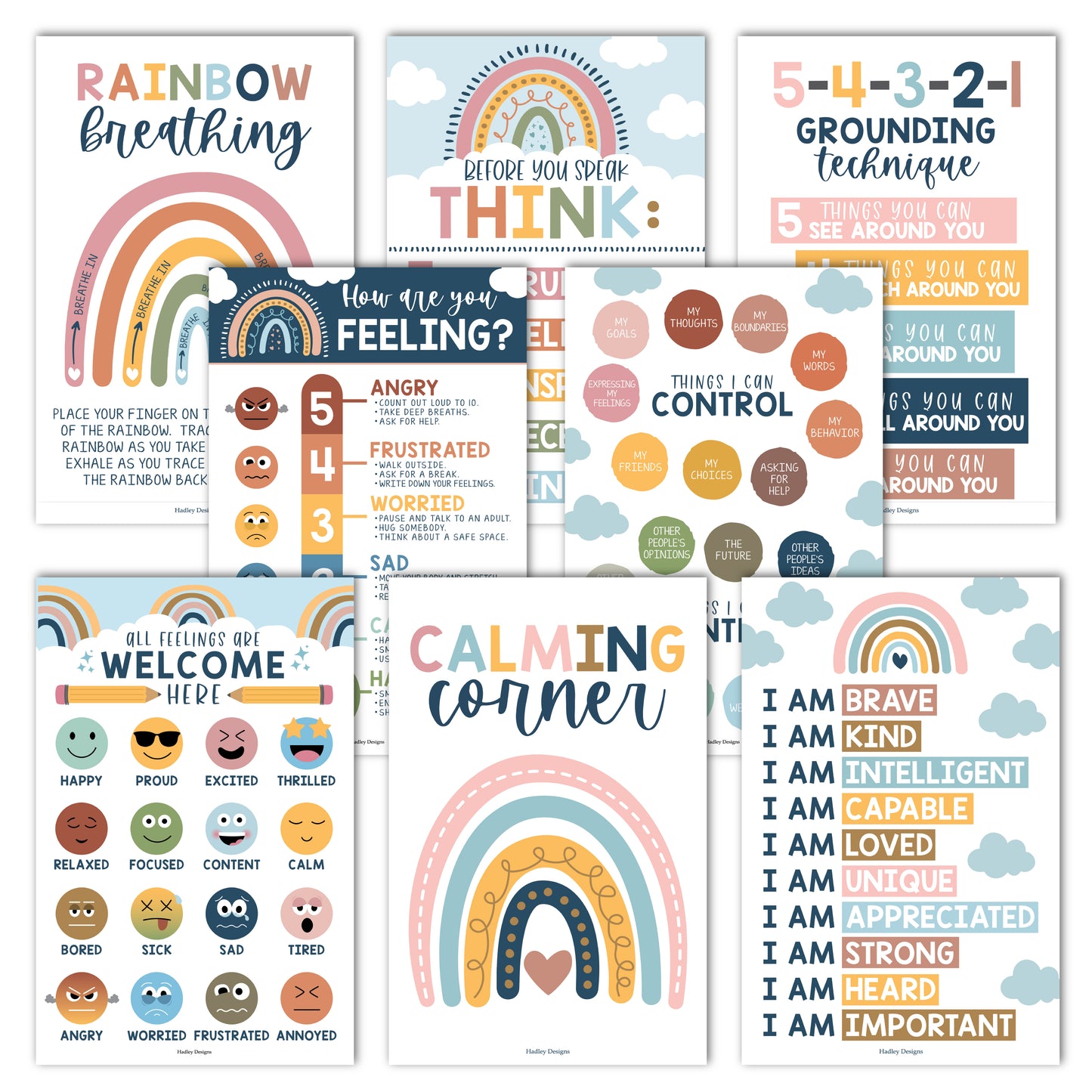 16 Laminated Boho Rainbow Prek and Kindergarten Posters and 8 Calming Corner Posters for Classroom or Home