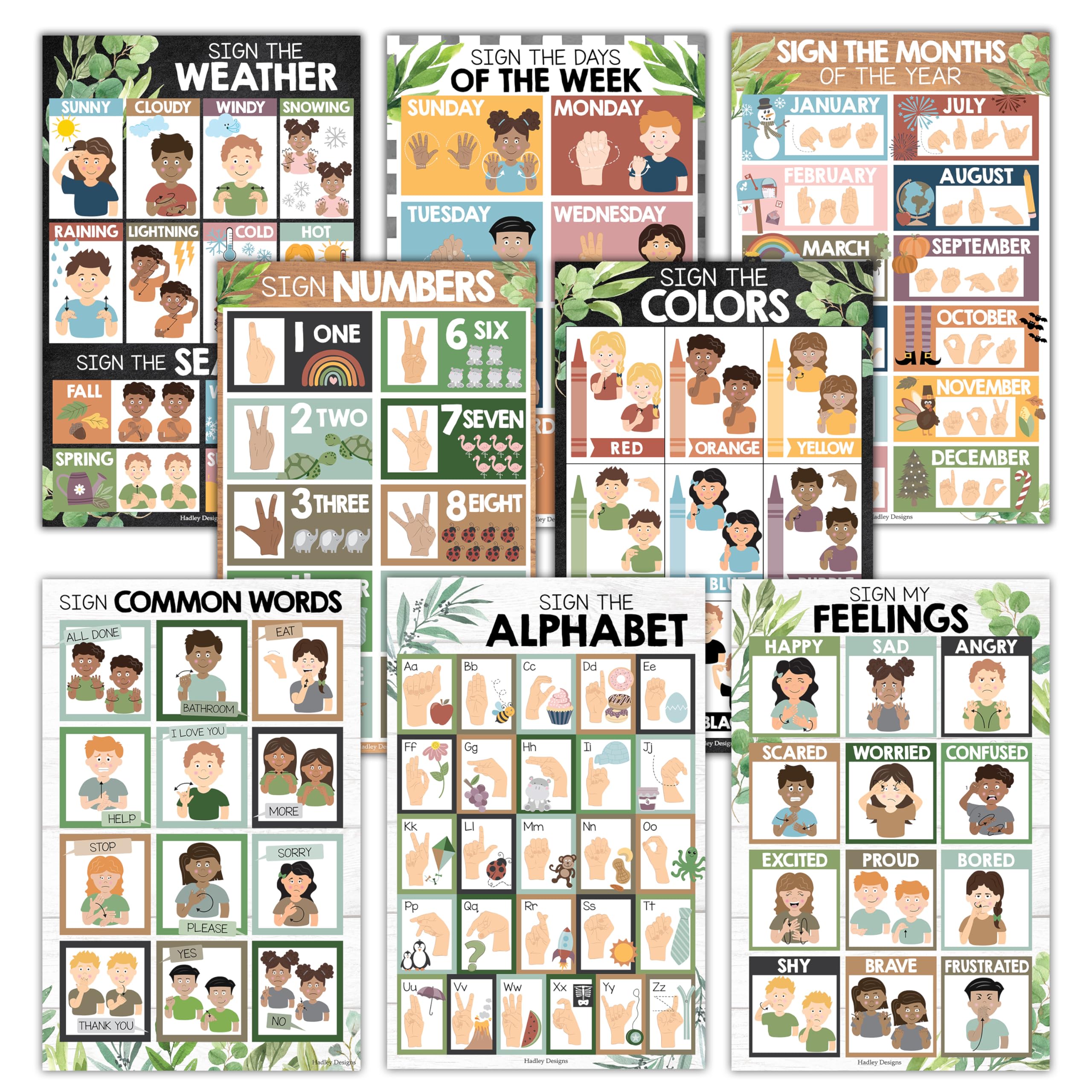 ASL Sign Language Kit: Greenery 8 Poster Set – Hadley Designs
