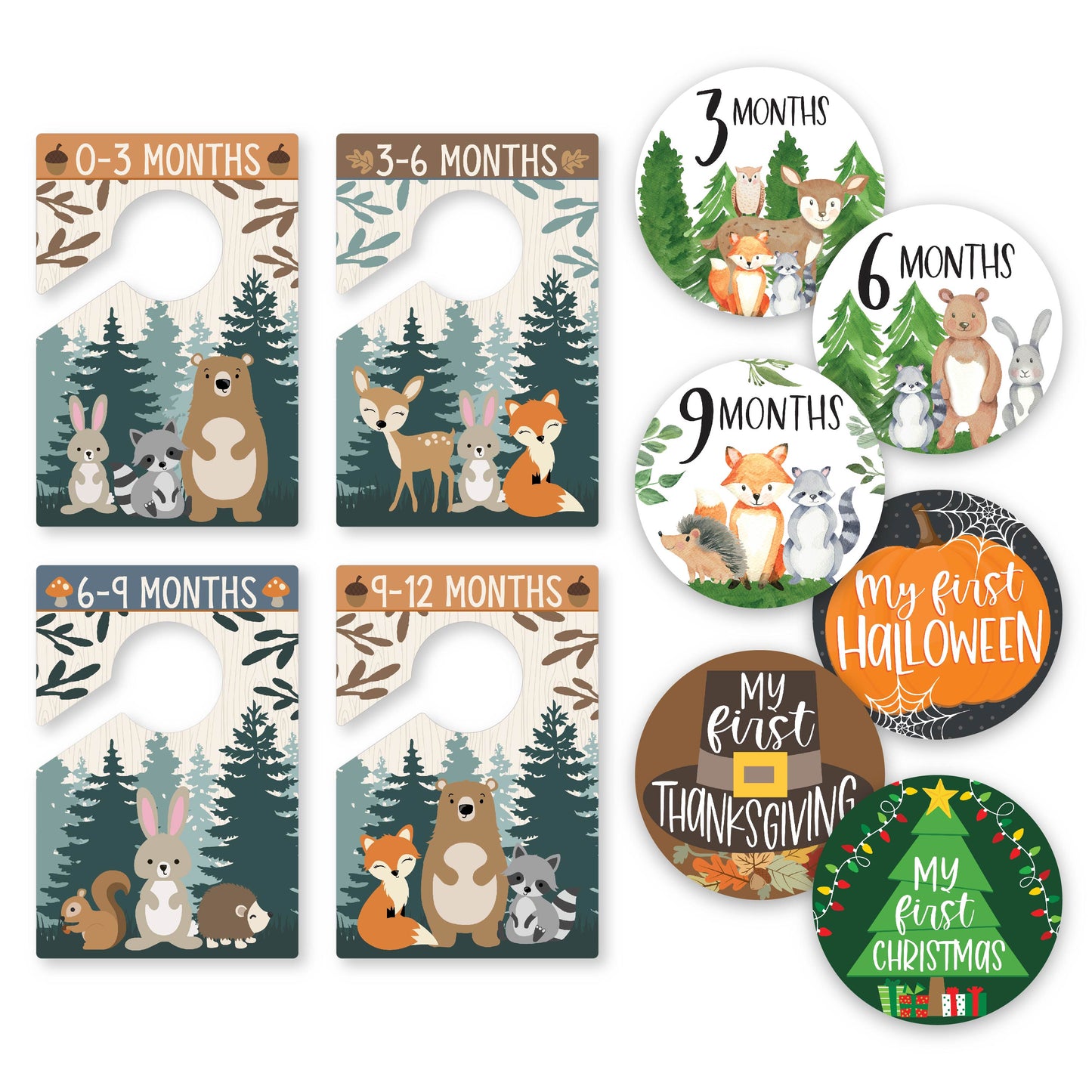 6 Woodland Baby Closet Dividers & 20 Baby Milestone Stickers in Earthy Browns, Greens & Neutrals