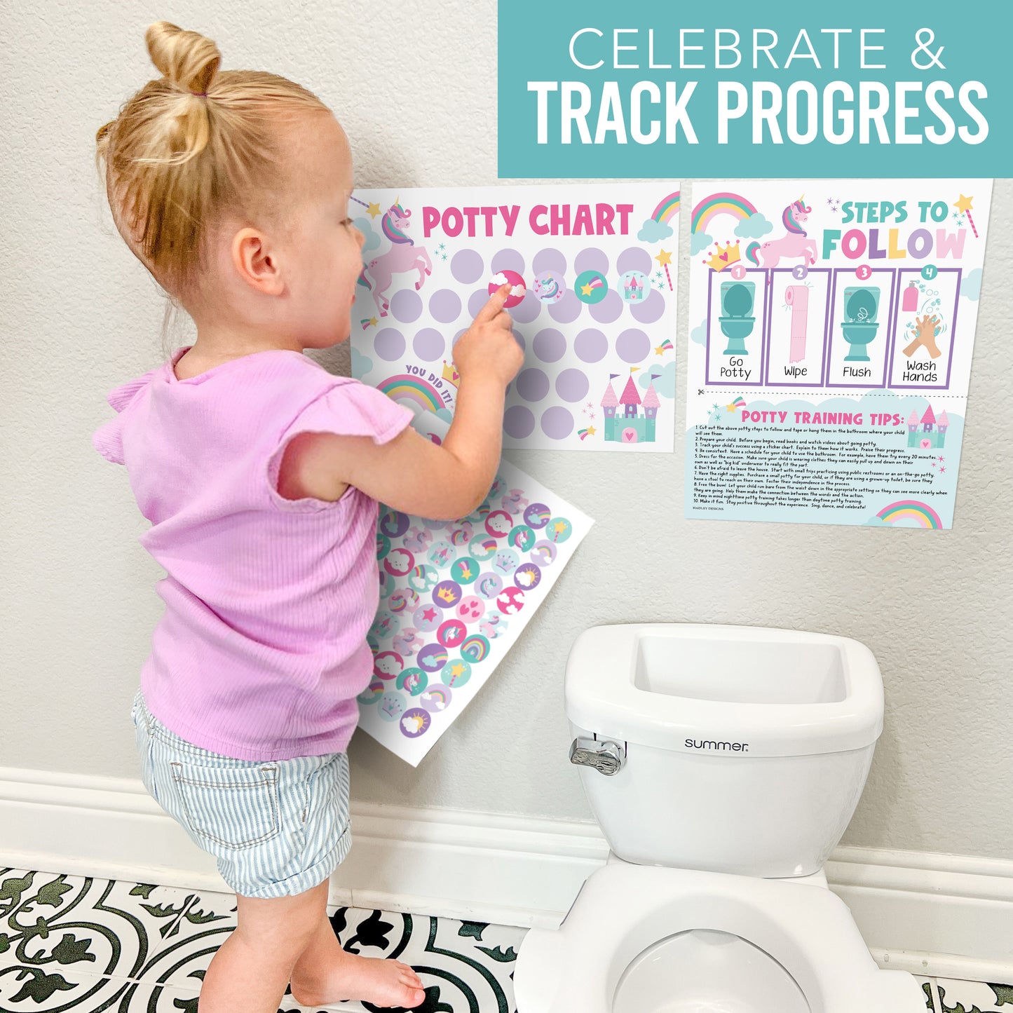 10 Unicorn Potty Training Charts & 6 Bathroom Wall Art Decor Prints