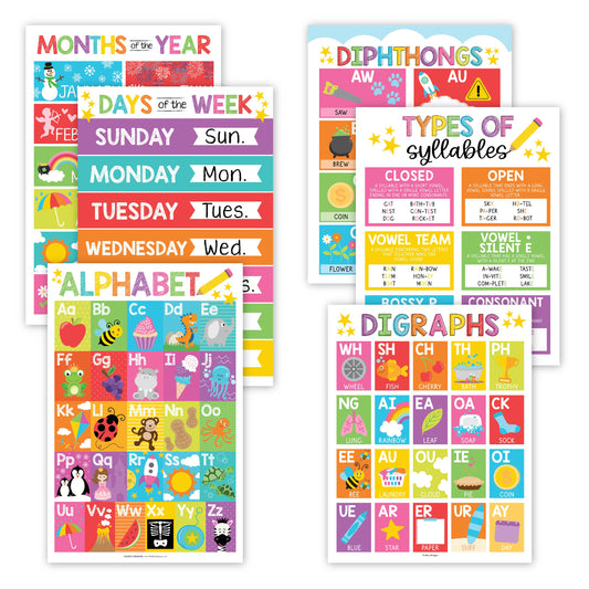 16 Colorful Prek and Kindergarten Posters and 9 Phonics and Vowels Posters for Classroom or Home