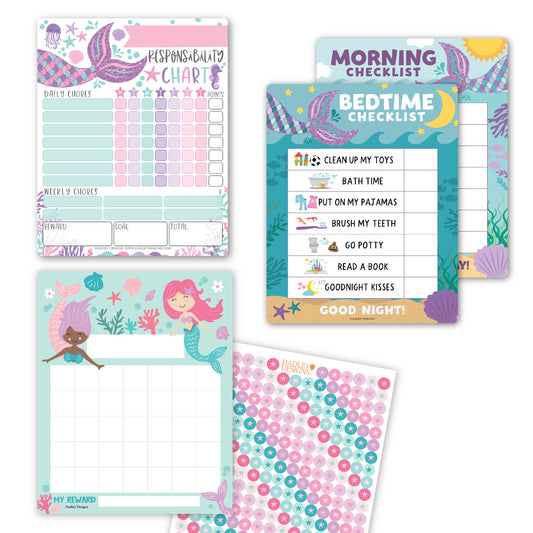 Mermaid Kids Chore Chart, Reward Sticker Charts and Day and Night Routine Chart Bundle