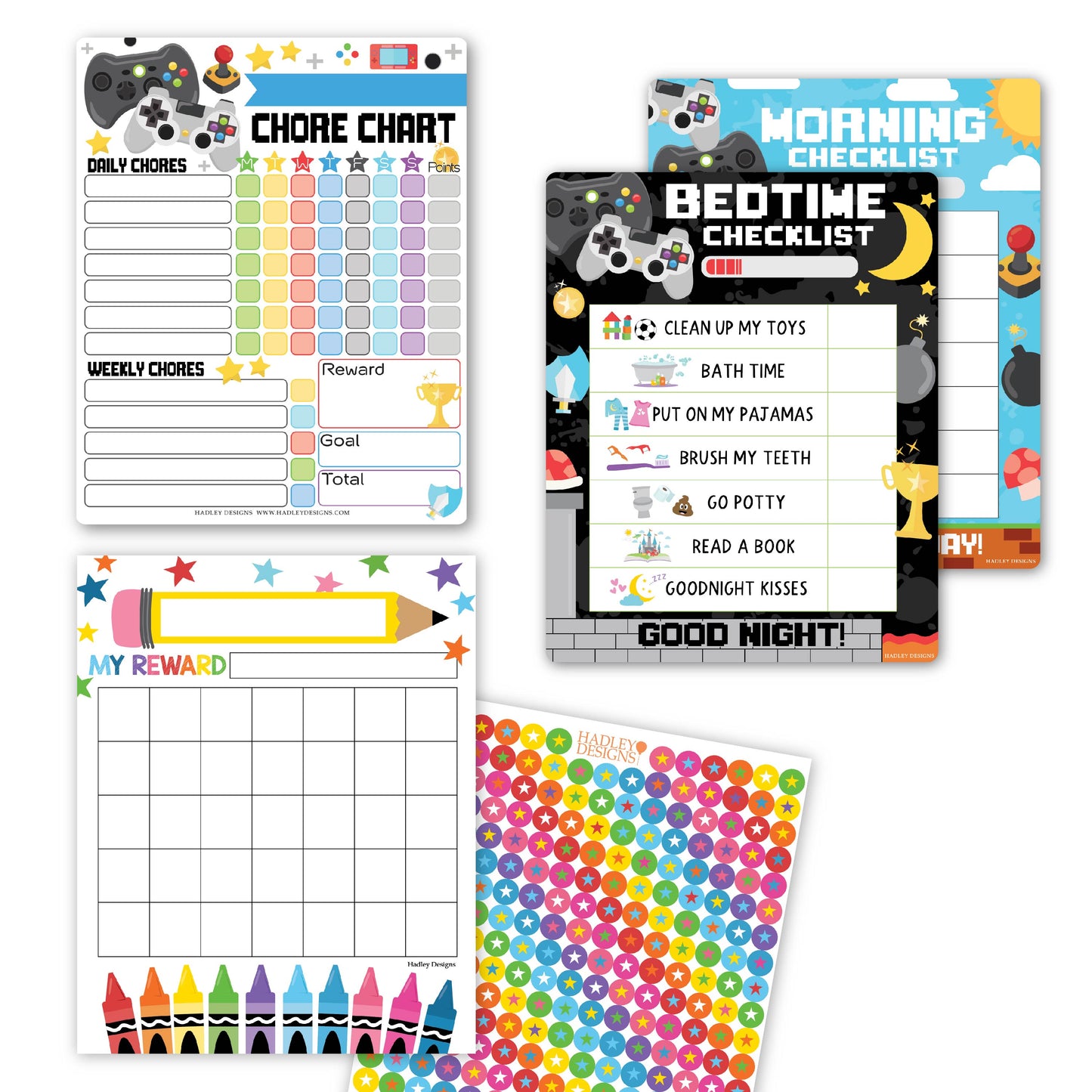 Video Game Kids Chore Chart, Reward Sticker Charts and Day and Night Routine Chart Bundle