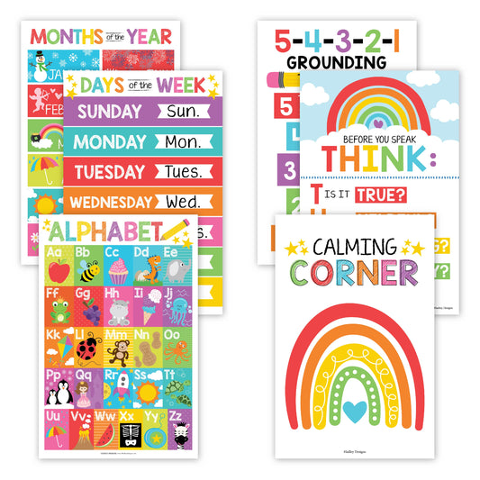 16 Laminated Colorful Prek and Kindergarten Posters and 8 Calming Corner Posters for Classroom or Home