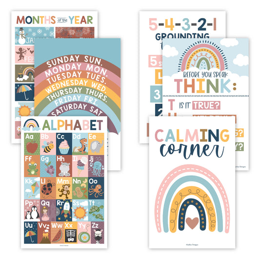 16 Laminated Boho Rainbow Prek and Kindergarten Posters and 8 Calming Corner Posters for Classroom or Home