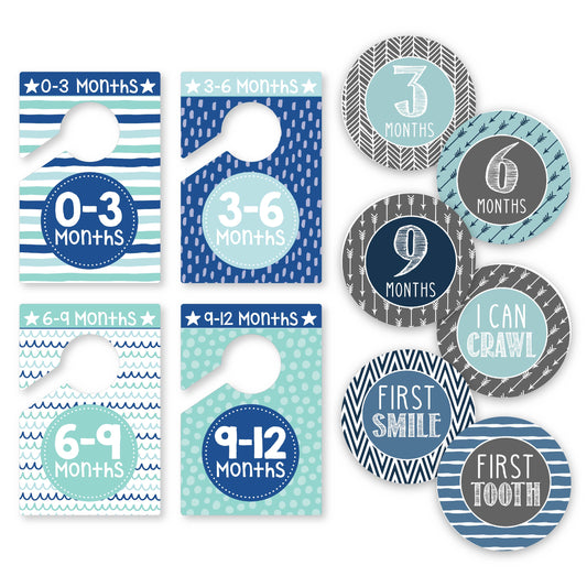 6 Ocean Blue Baby Closet Dividers & 16 Baby Milestone Stickers, Perfect Baby Shower Gift