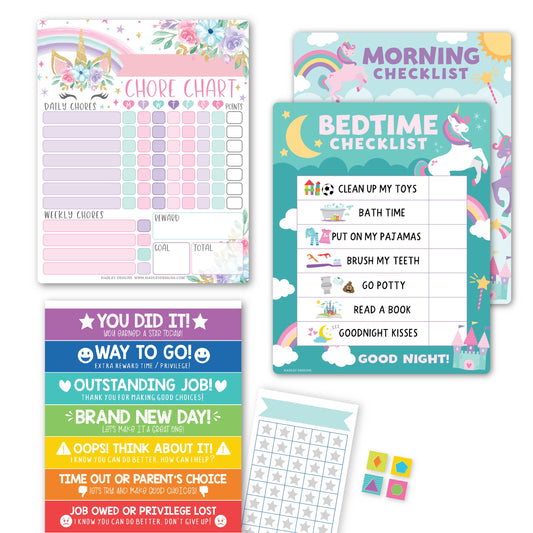 Unicorn Kids Chore Chart, Behavior Chart and Day and Night Routine Chart Bundle