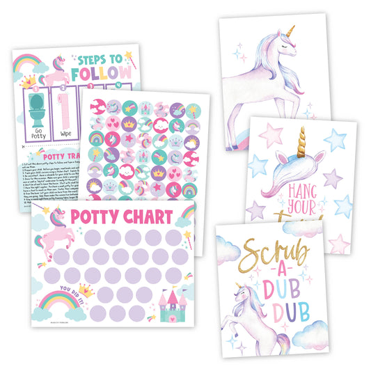 10 Unicorn Potty Training Charts & 6 Bathroom Wall Art Decor Prints