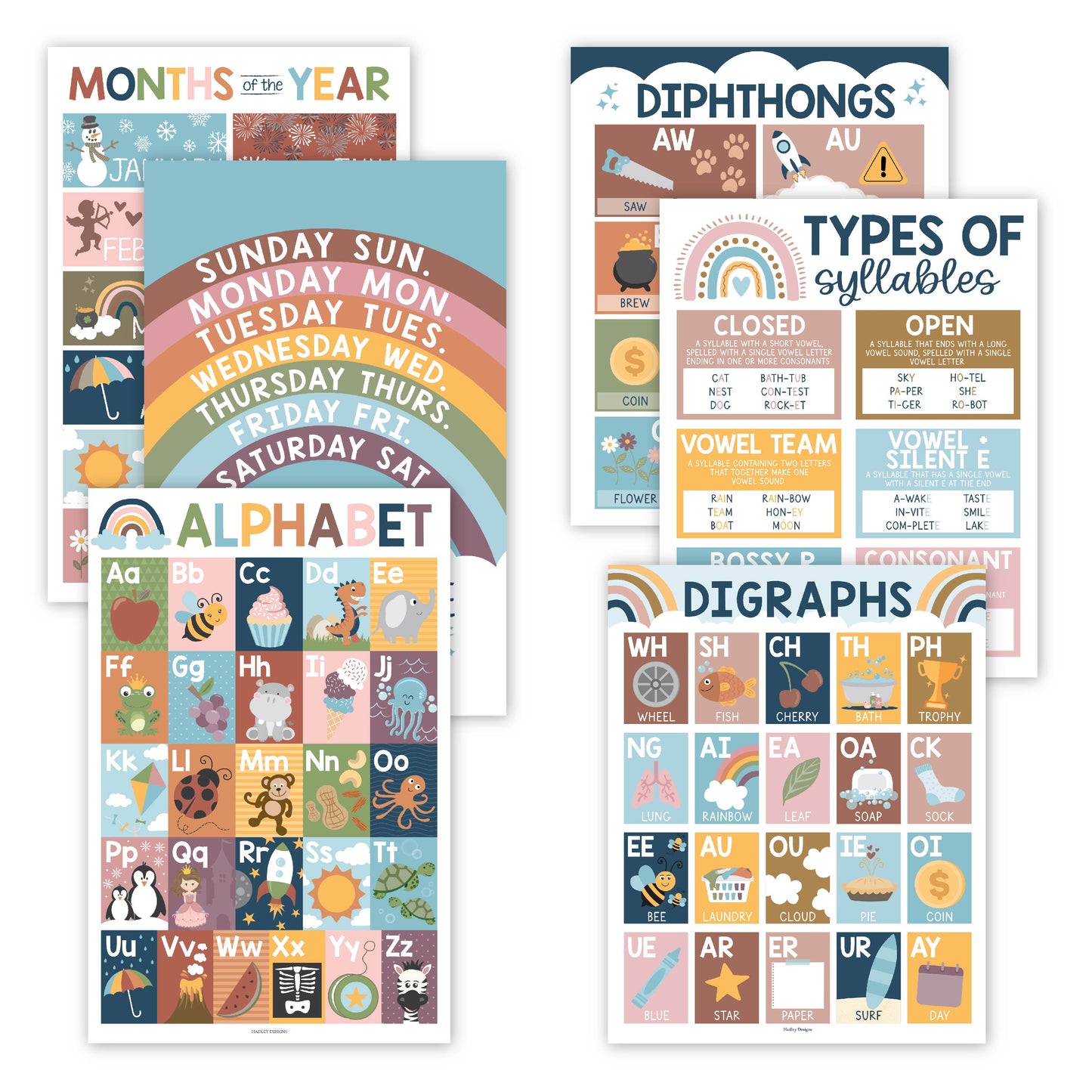 16 Boho Rainbow Prek and Kindergarten Posters and 9 Phonics and Vowels Posters for Classroom or Home