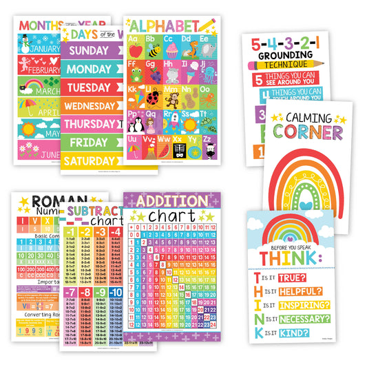 16 Laminated Colorful Prek and Kindergarten Posters, 12 Math Basics Posters and 8 Calming Corner Posters for Classroom or Home