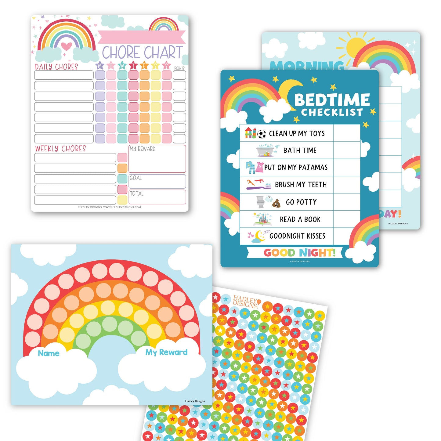 Colorful Rainbow Kids Chore Chart, Reward Sticker Charts and Day and Night Routine Chart Bundle