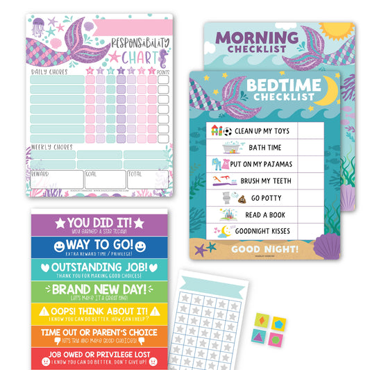 Mermaid Kids Chore Chart, Behavior Chart and Day and Night Routine Chart Bundle