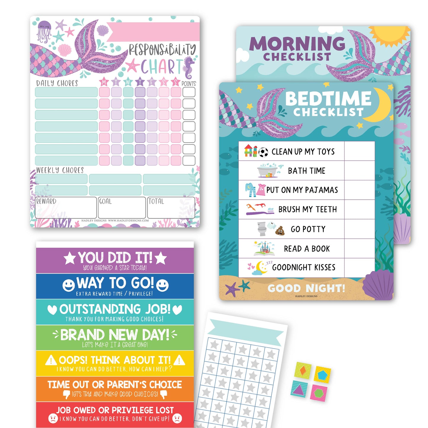 Mermaid Kids Chore Chart, Behavior Chart and Day and Night Routine Chart Bundle