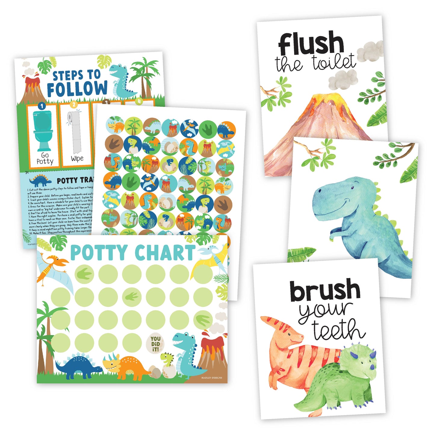 10 Dinosaur Potty Training Charts & 6 Dino Bathroom Wall Art Decor Prints