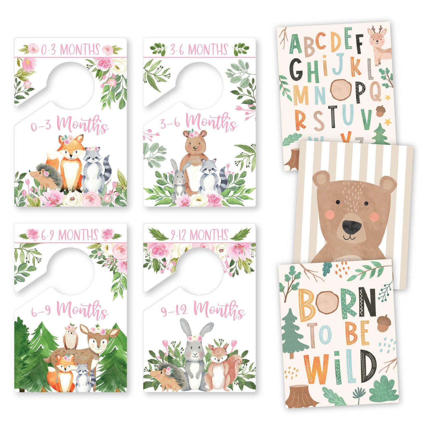 6 Woodland Girl Baby Closet Dividers & 6 Nursery Wall Art Prints, Perfect Baby Shower Gift