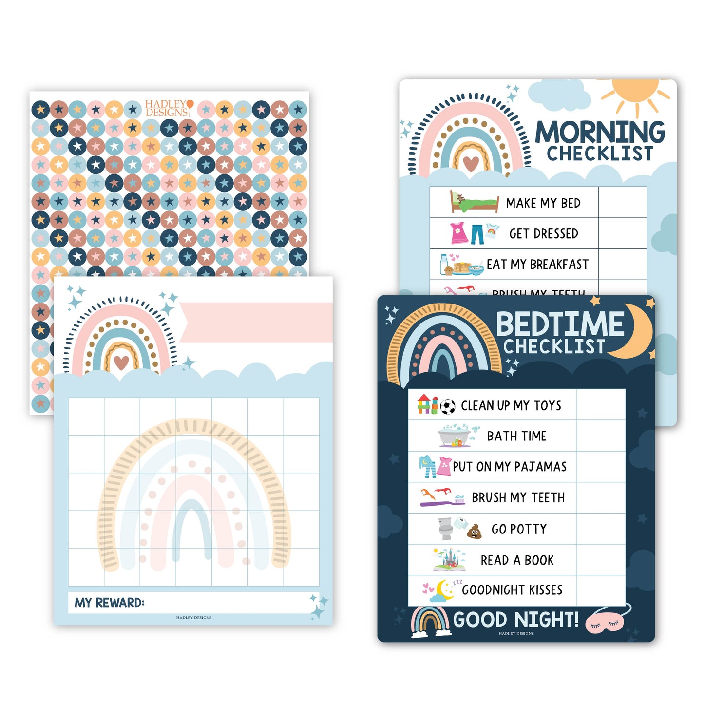 Boho Rainbow Kids Reward Sticker Charts and Day and Night Routine Charts Bundle