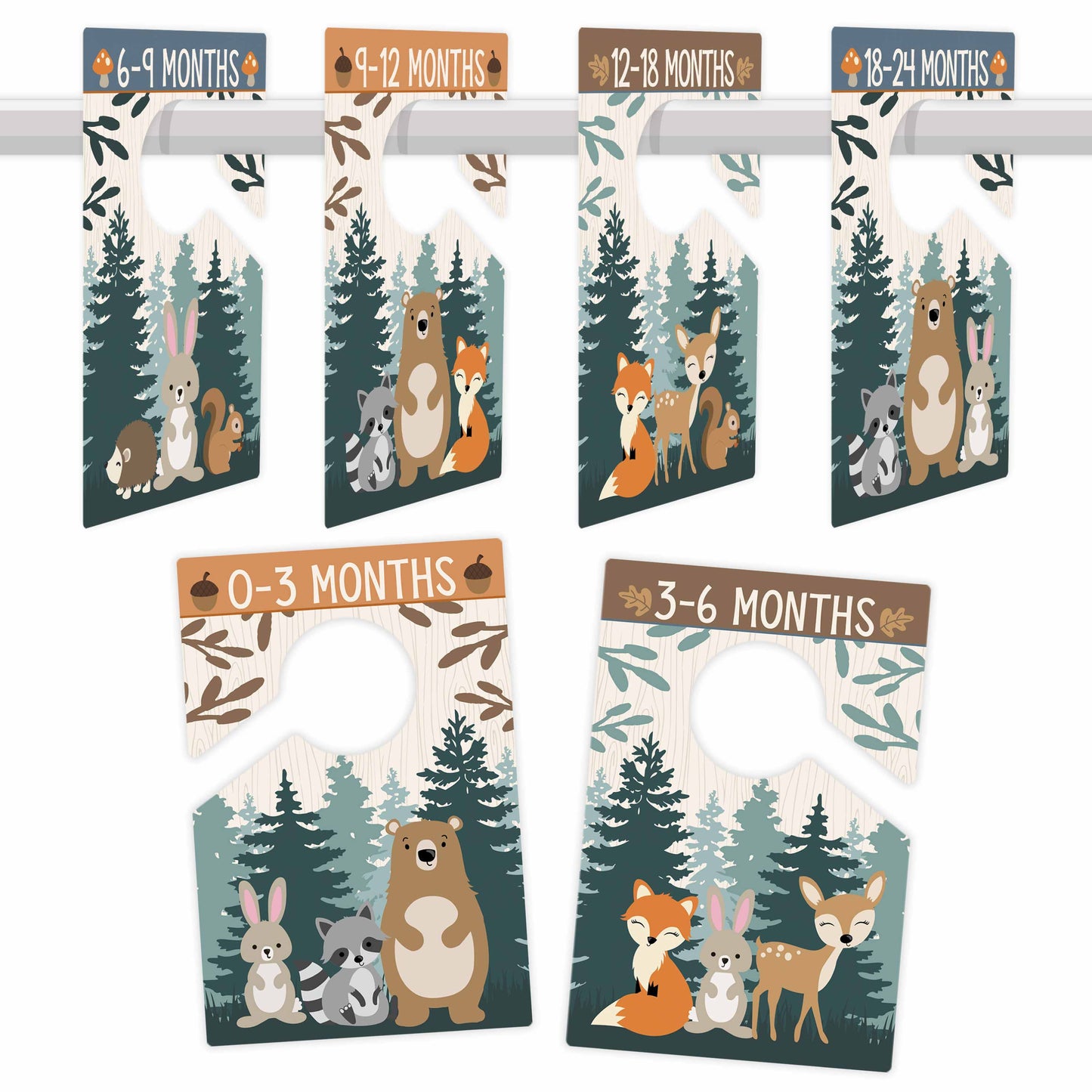 6 Woodland Baby Closet Dividers & 20 Baby Milestone Stickers in Earthy Browns, Greens & Neutrals