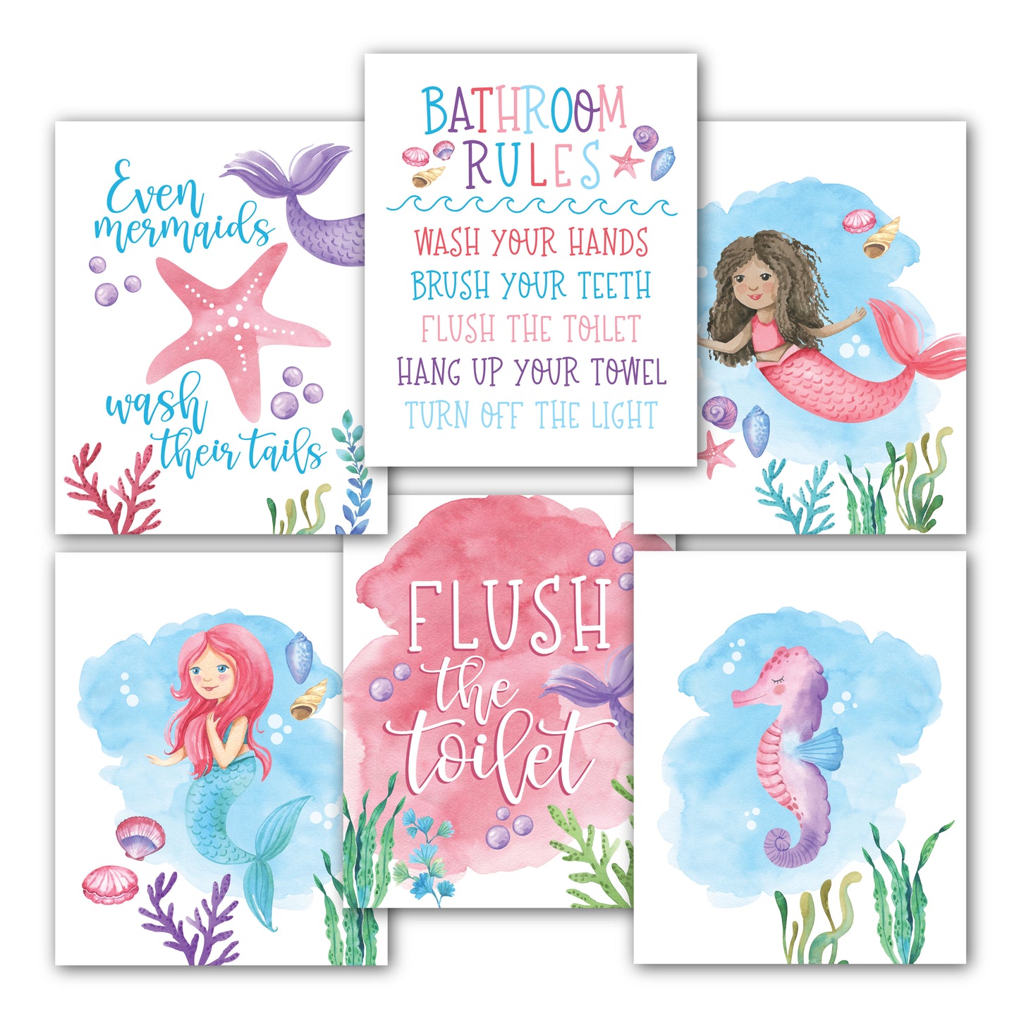 10 Mermaid Potty Training Charts & 6 Under the Sea Bathroom Wall Art Decor Prints