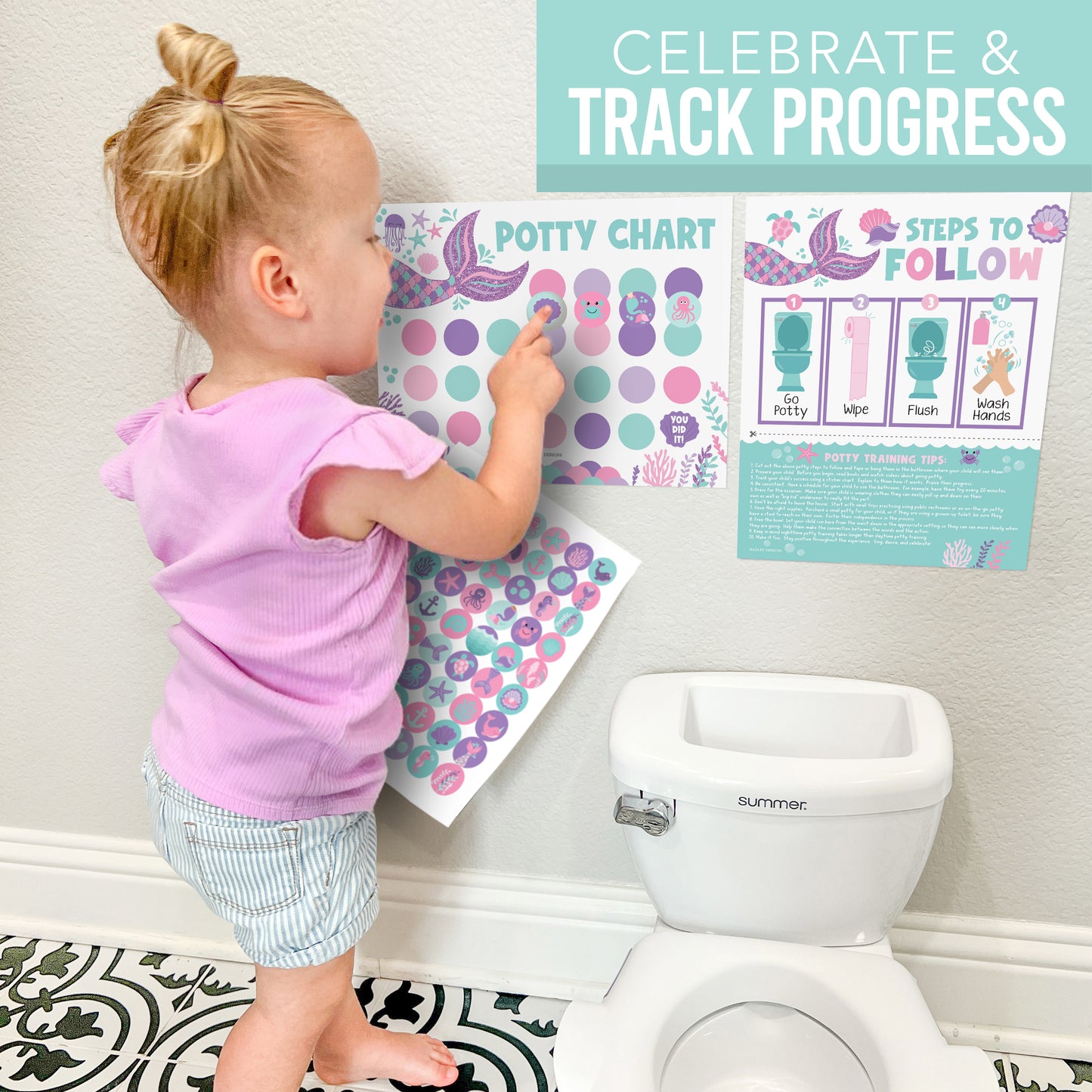 10 Mermaid Potty Training Charts & 6 Under the Sea Bathroom Wall Art Decor Prints