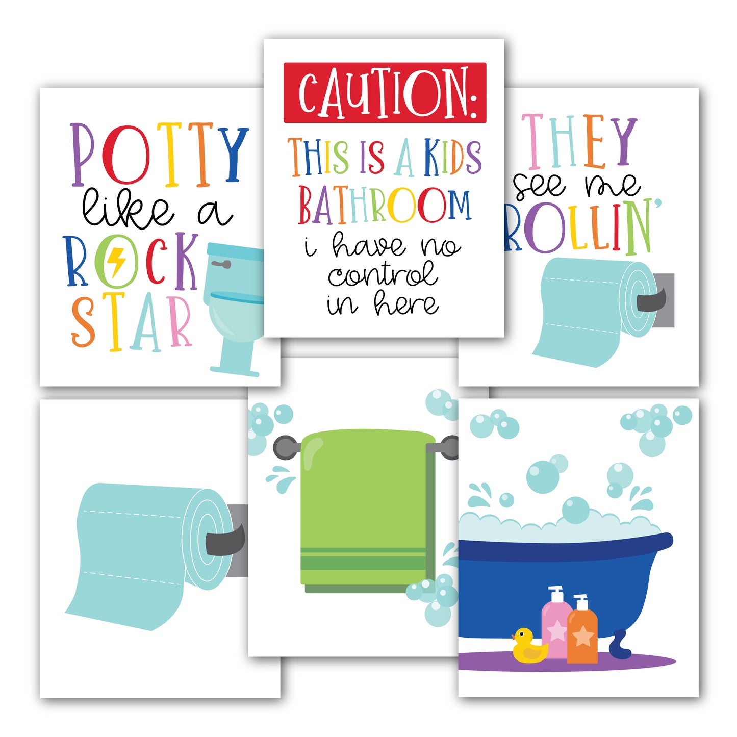 Kids Bathroom Wall Art | Set of 6 Reversible Prints | Home Decor