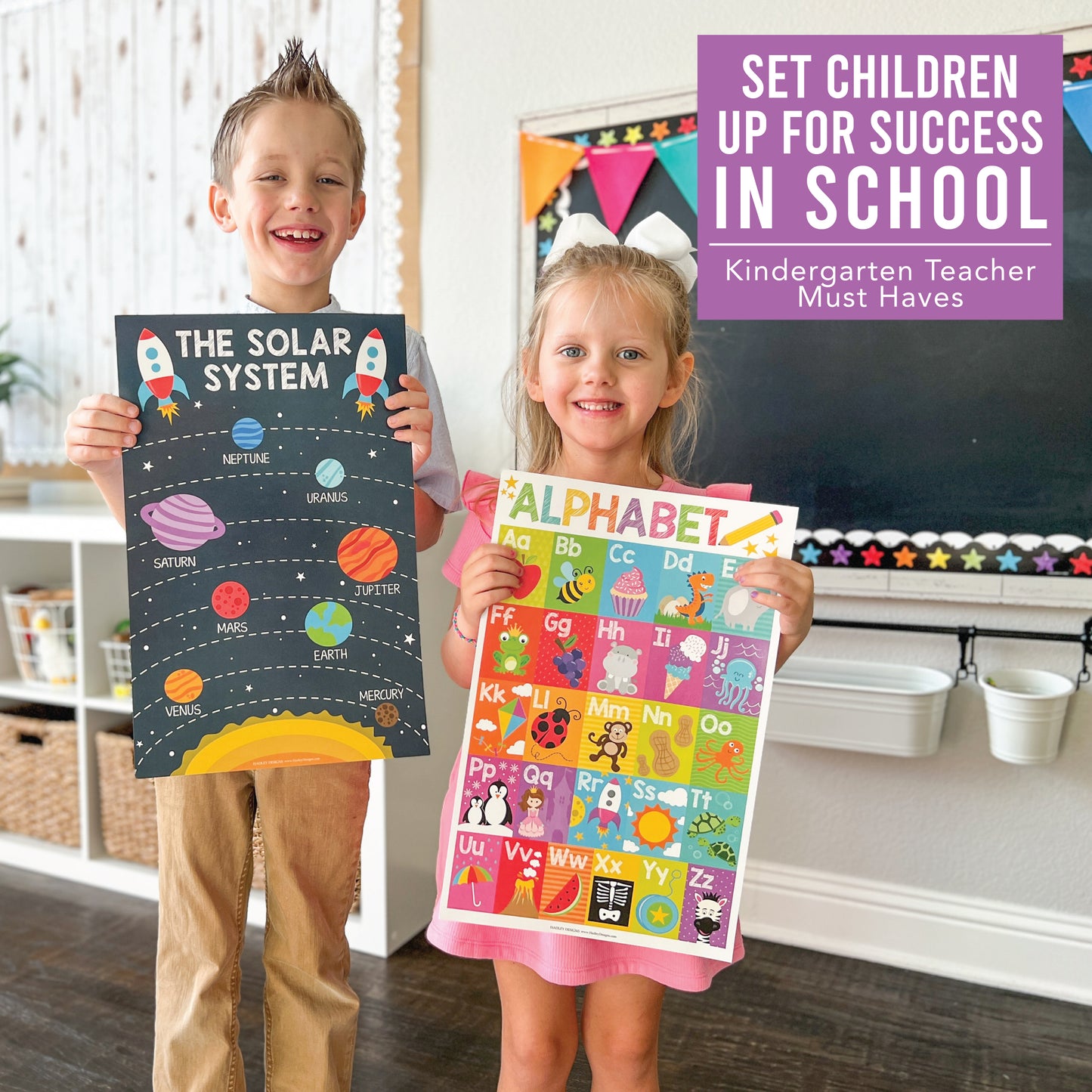 16 Colorful Prek and Kindergarten Posters and 9 Phonics and Vowels Posters for Classroom or Home