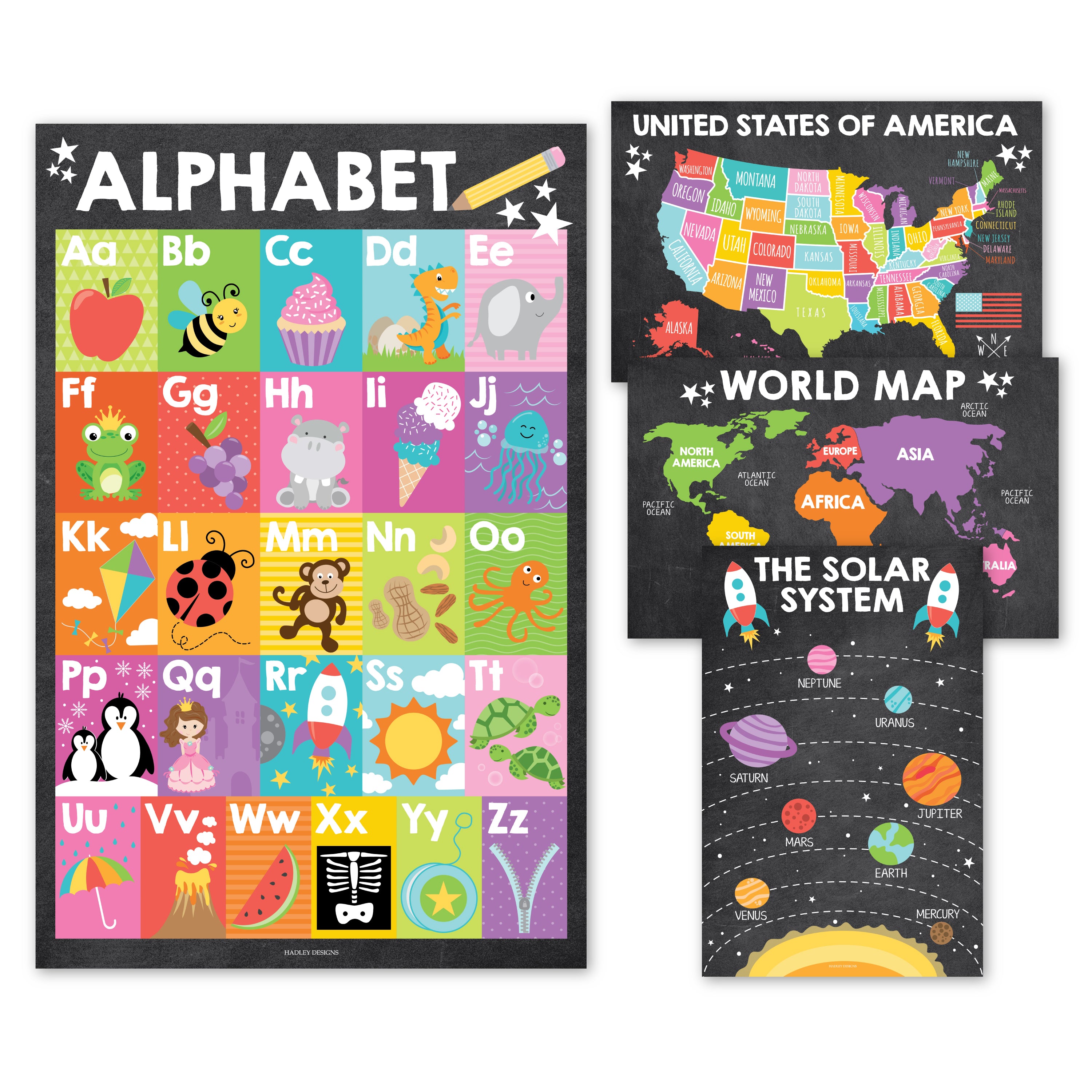 ABC, US Map, World Map, Solar System Posters | Set of 4 | PreK Educational Posters