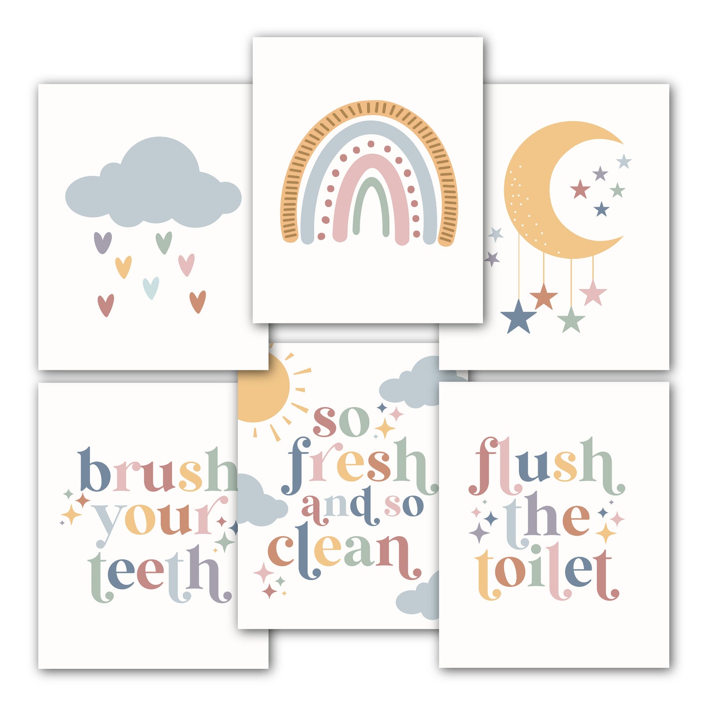 Kids Bathroom Wall Art | Set of 6 Reversible Prints | Home Decor