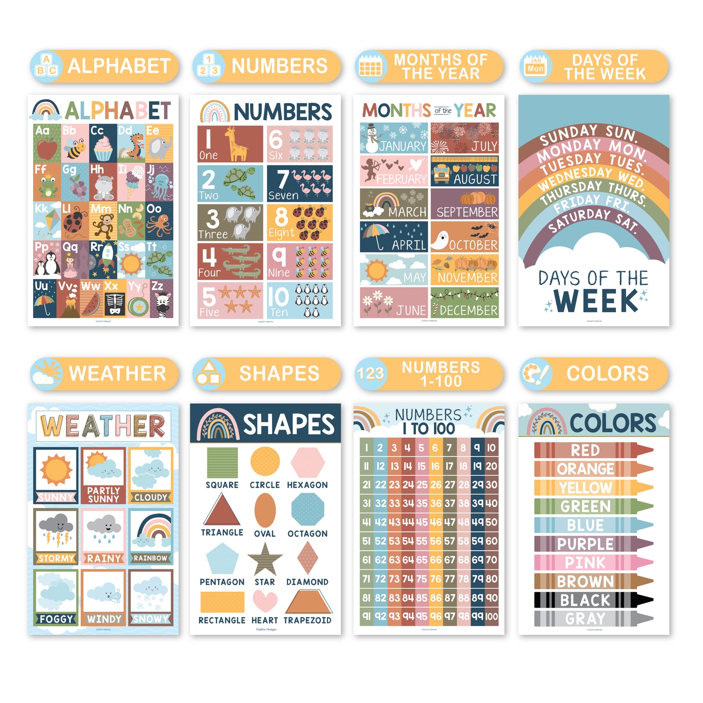 16 Boho Rainbow Prek and Kindergarten Posters and 9 Phonics and Vowels Posters for Classroom or Home