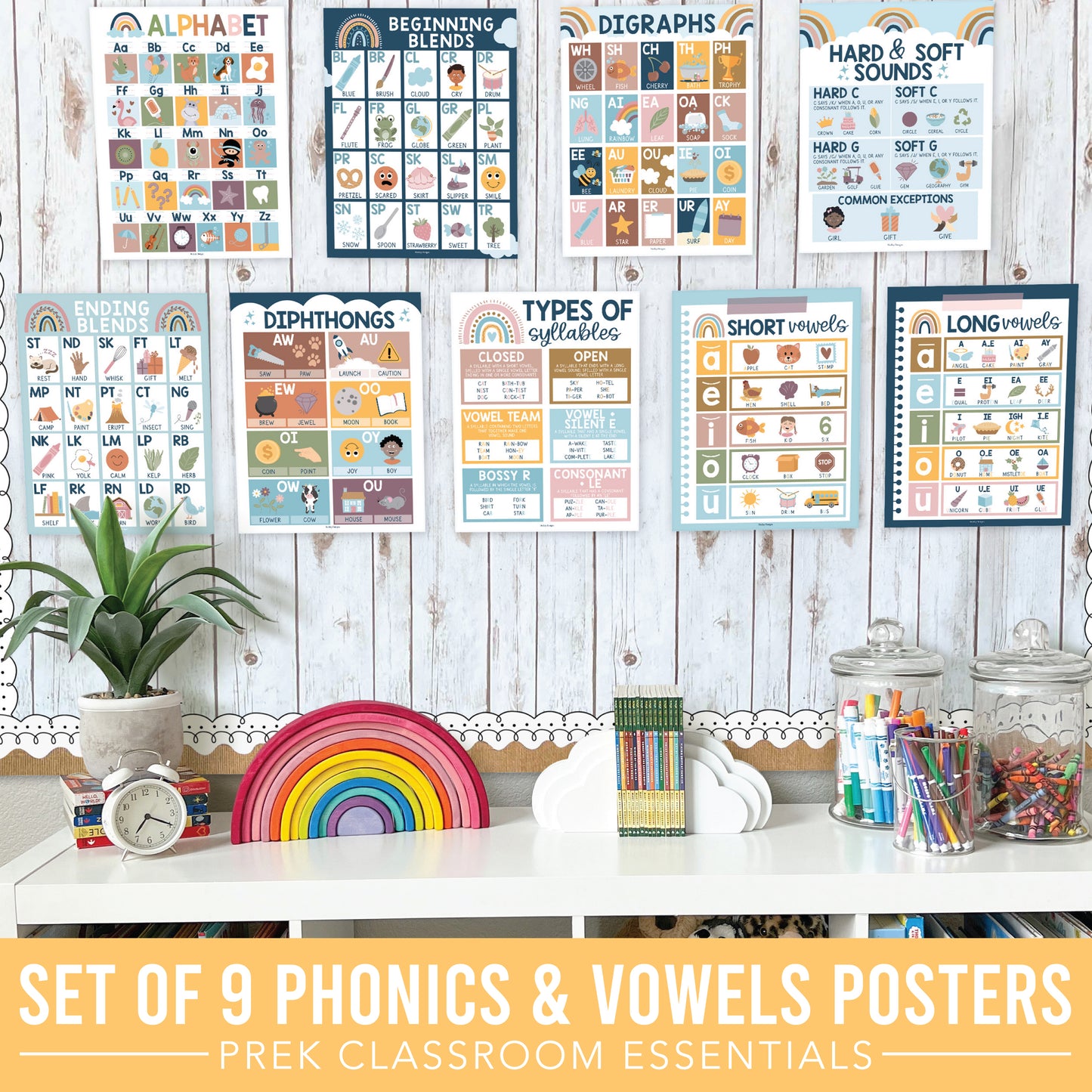 16 Boho Rainbow Prek and Kindergarten Posters and 9 Phonics and Vowels Posters for Classroom or Home