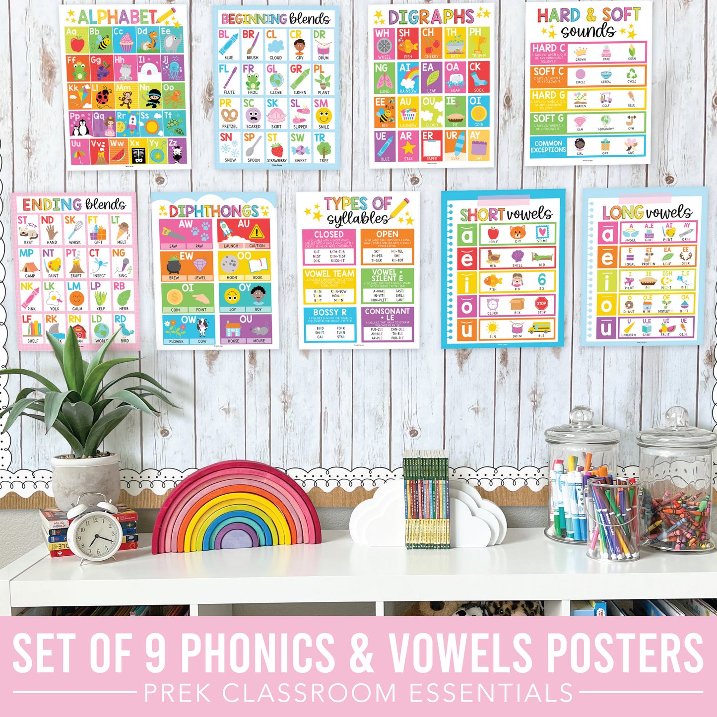 16 Colorful Prek and Kindergarten Posters and 9 Phonics and Vowels Posters for Classroom or Home