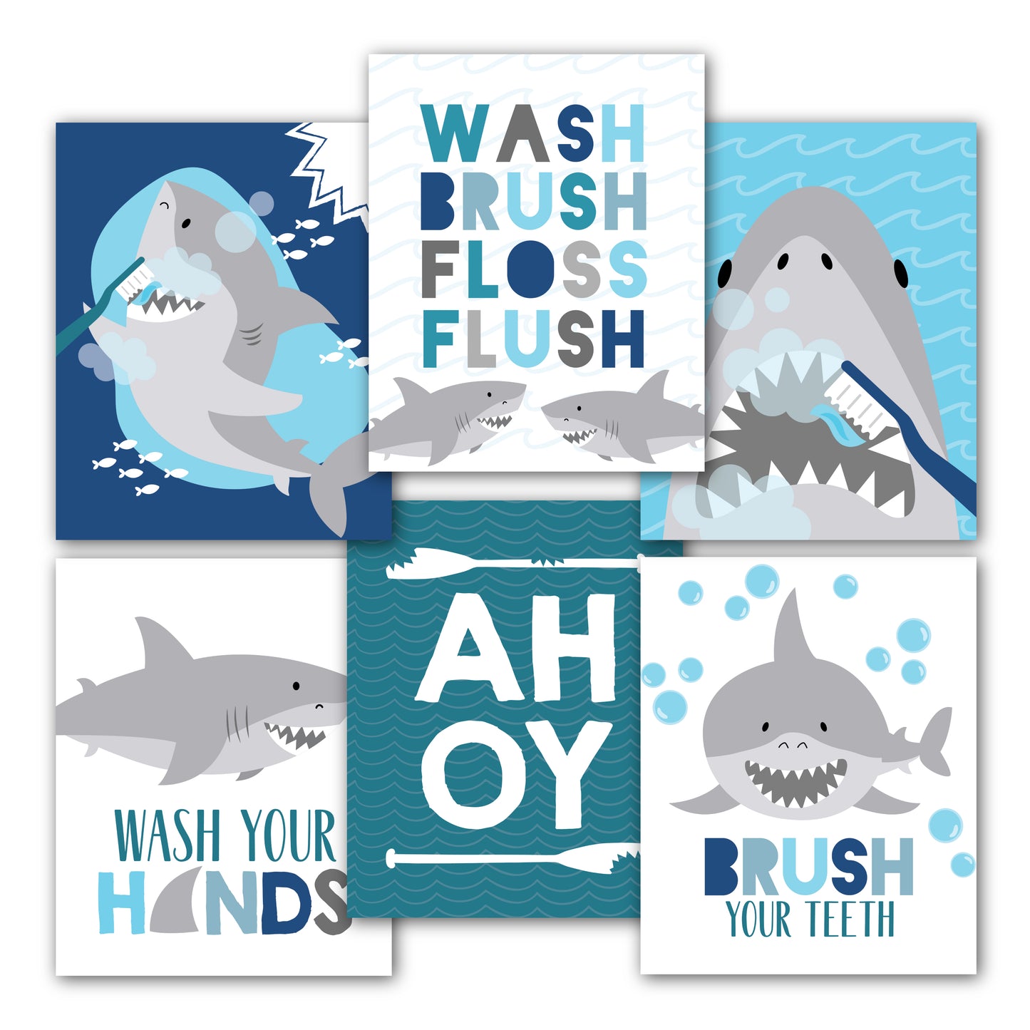 Kids Bathroom Wall Art | Set of 6 Reversible Prints | Home Decor