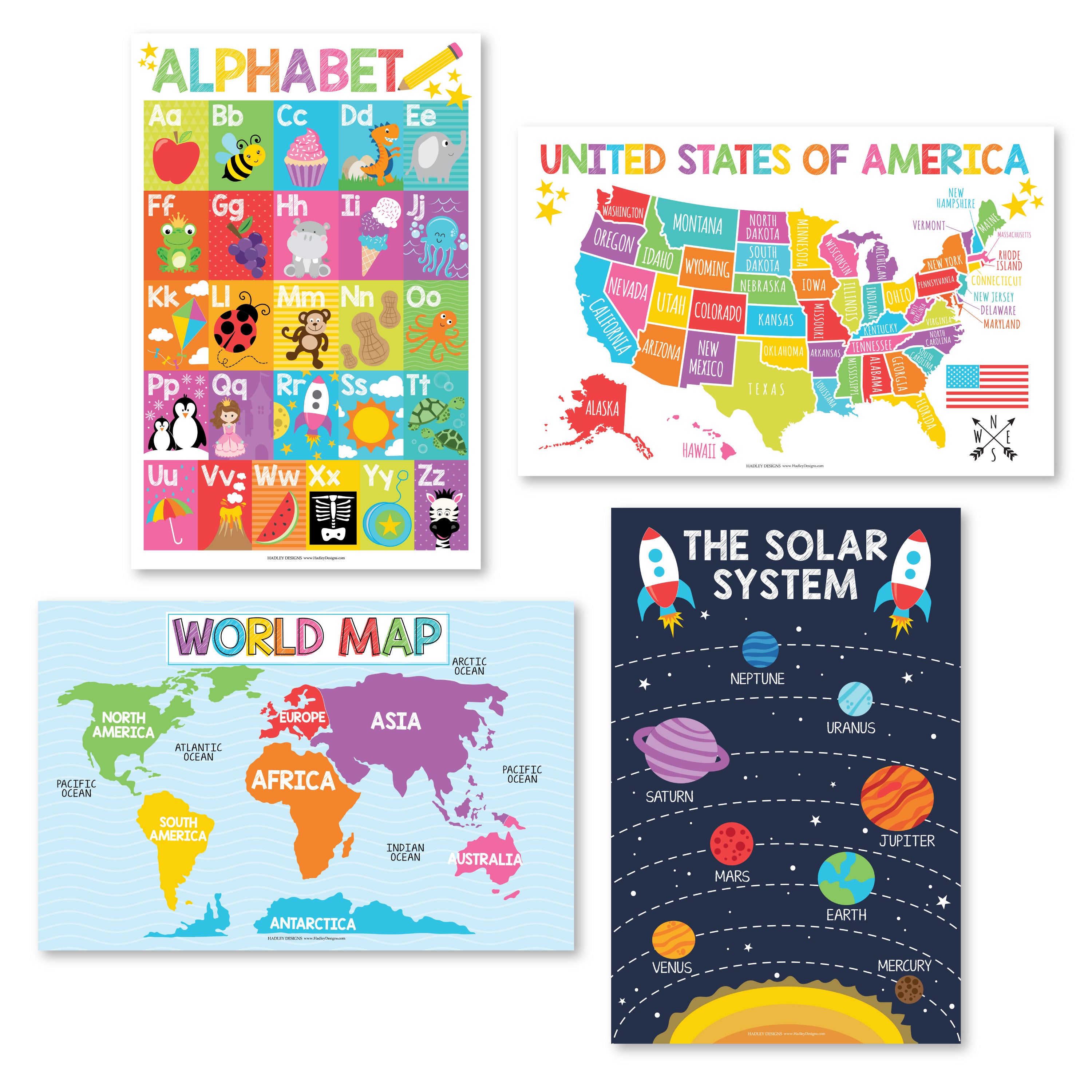 ABC, US Map, World Map, Solar System Posters | Set of 4 | PreK Educational Posters