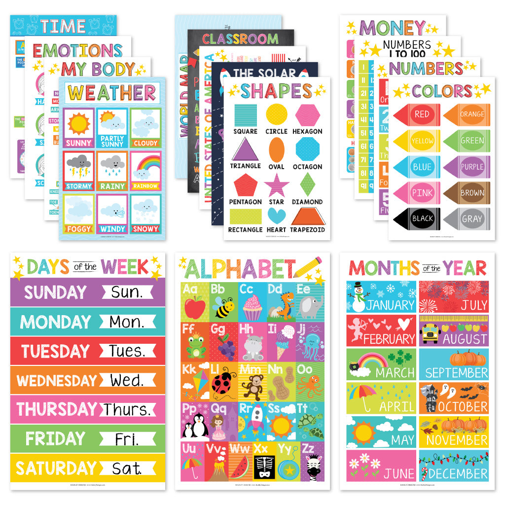 16 Colorful Prek and Kindergarten Posters and 9 Phonics and Vowels Posters for Classroom or Home