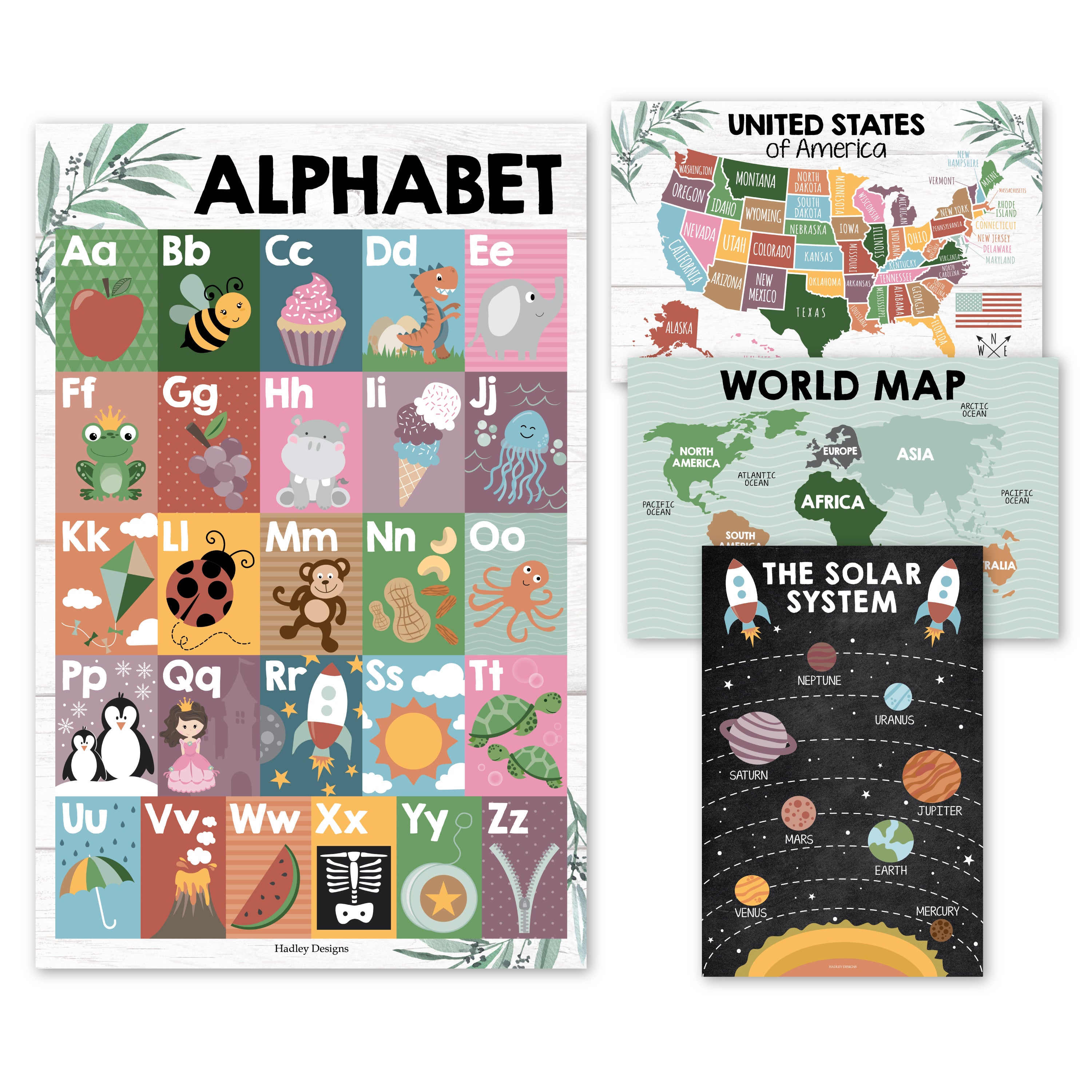 ABC, US Map, World Map, Solar System Posters | Set of 4 | PreK Educational Posters
