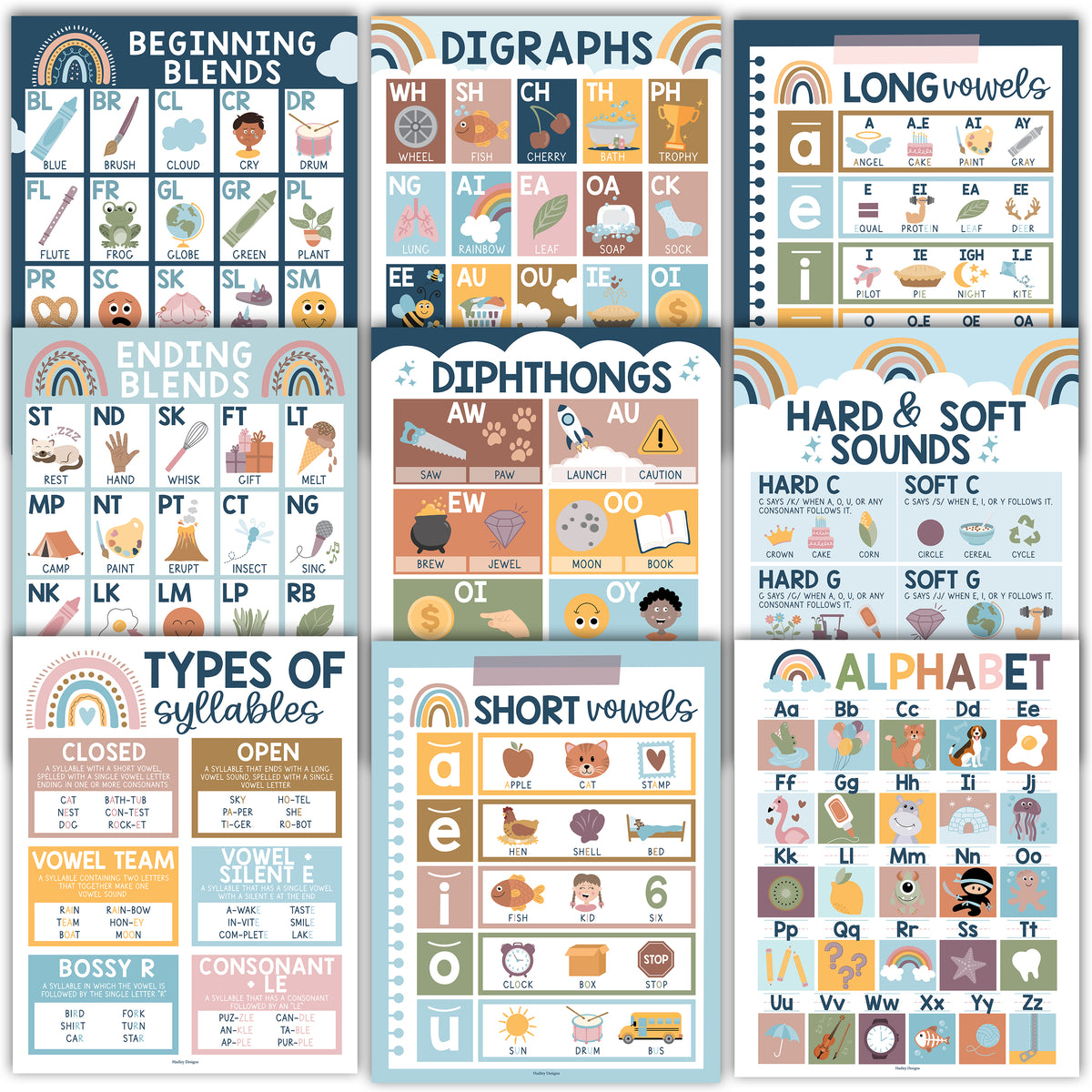 16 Boho Rainbow Prek and Kindergarten Posters and 9 Phonics and Vowels ...