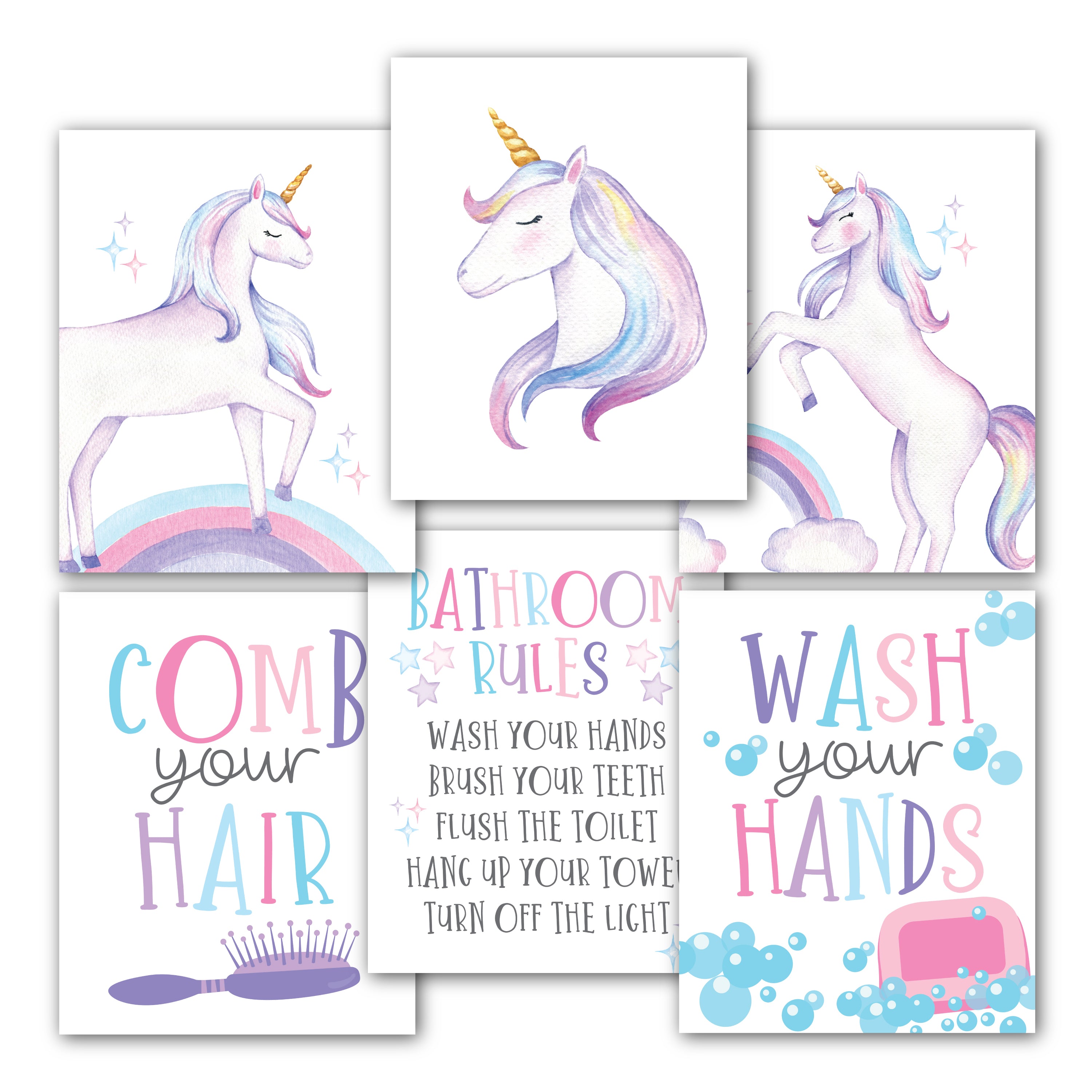 Kids Bathroom Wall Art | Set of 6 Reversible Prints | Home Decor