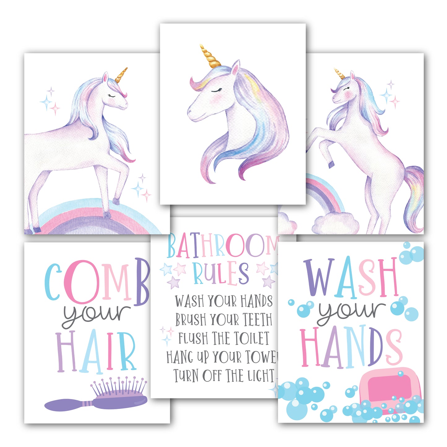 Kids Bathroom Wall Art | Set of 6 Reversible Prints | Home Decor