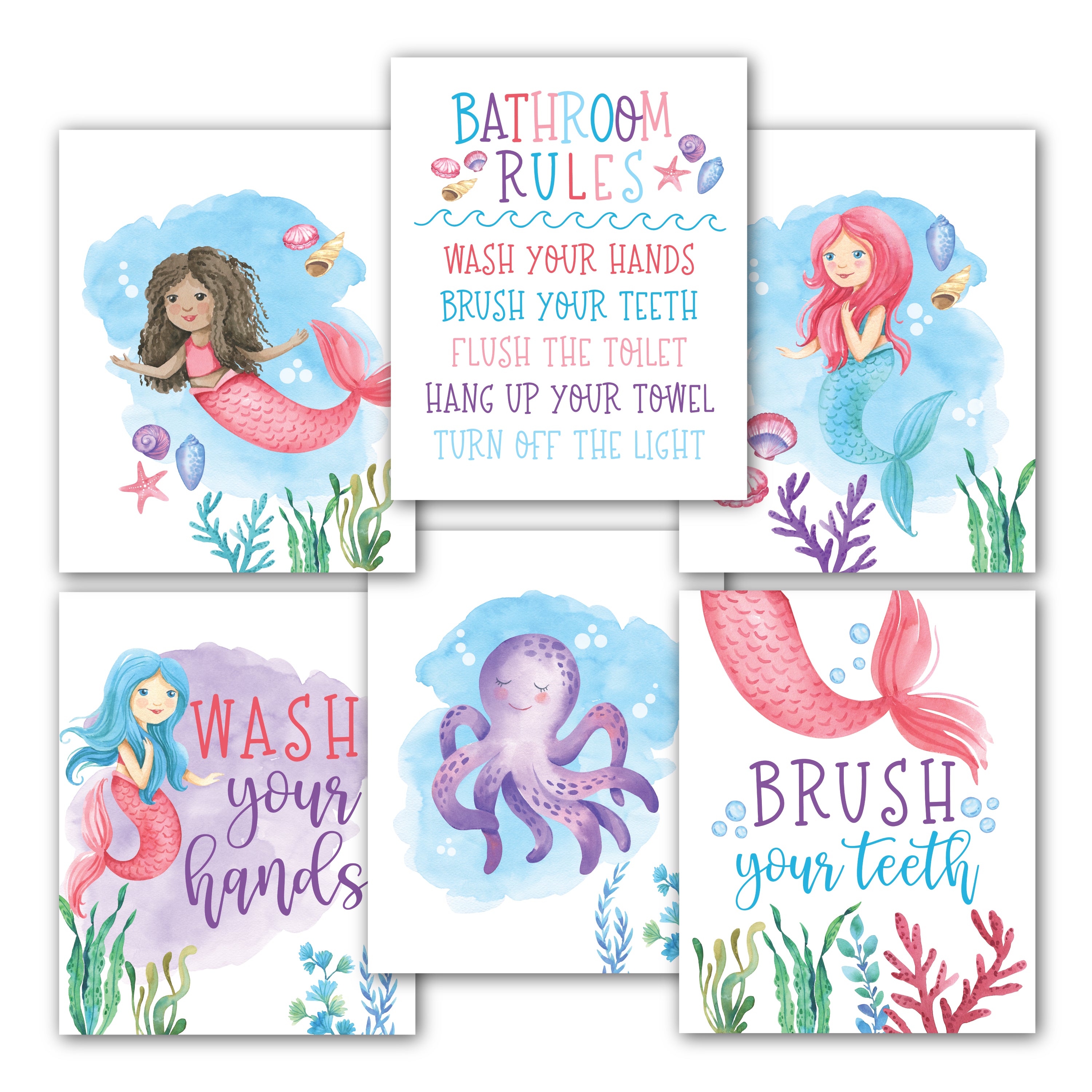 Kids Bathroom Wall Art | Set of 6 Reversible Prints | Home Decor