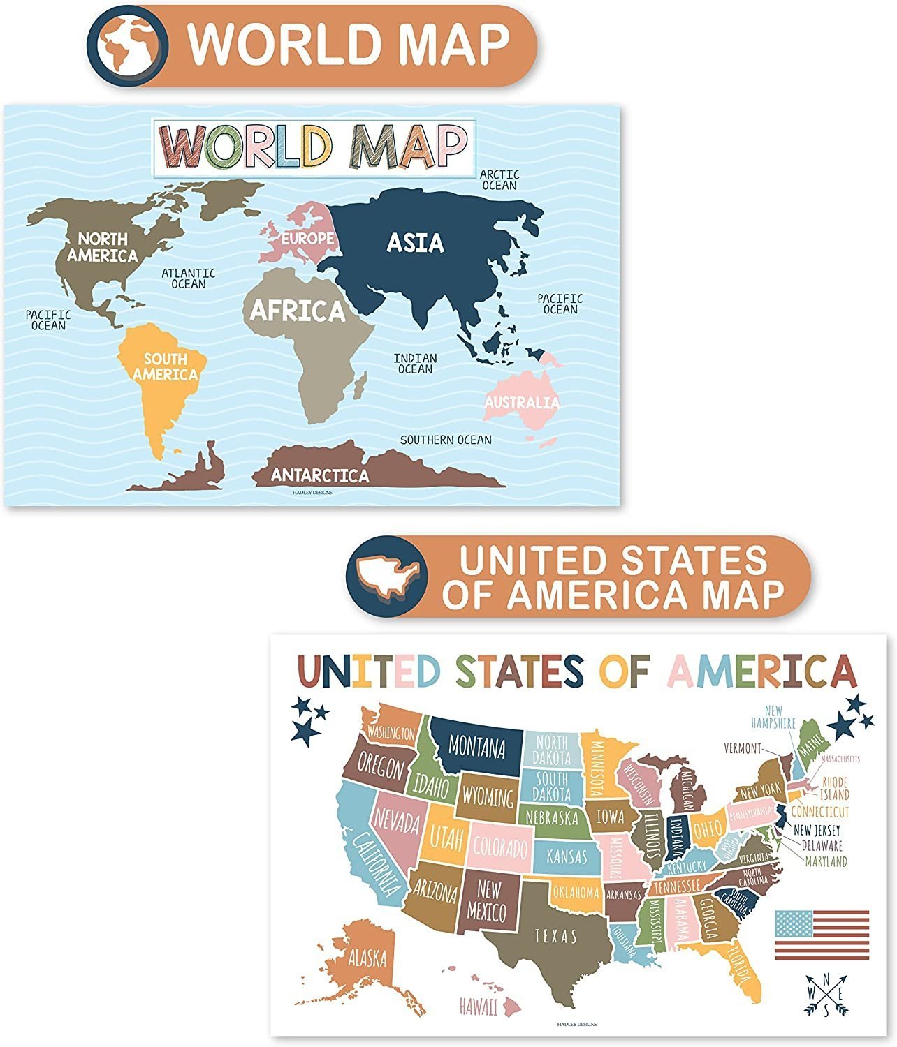 ABC, US Map, World Map, Solar System Posters | Set of 4 | PreK Educational Posters
