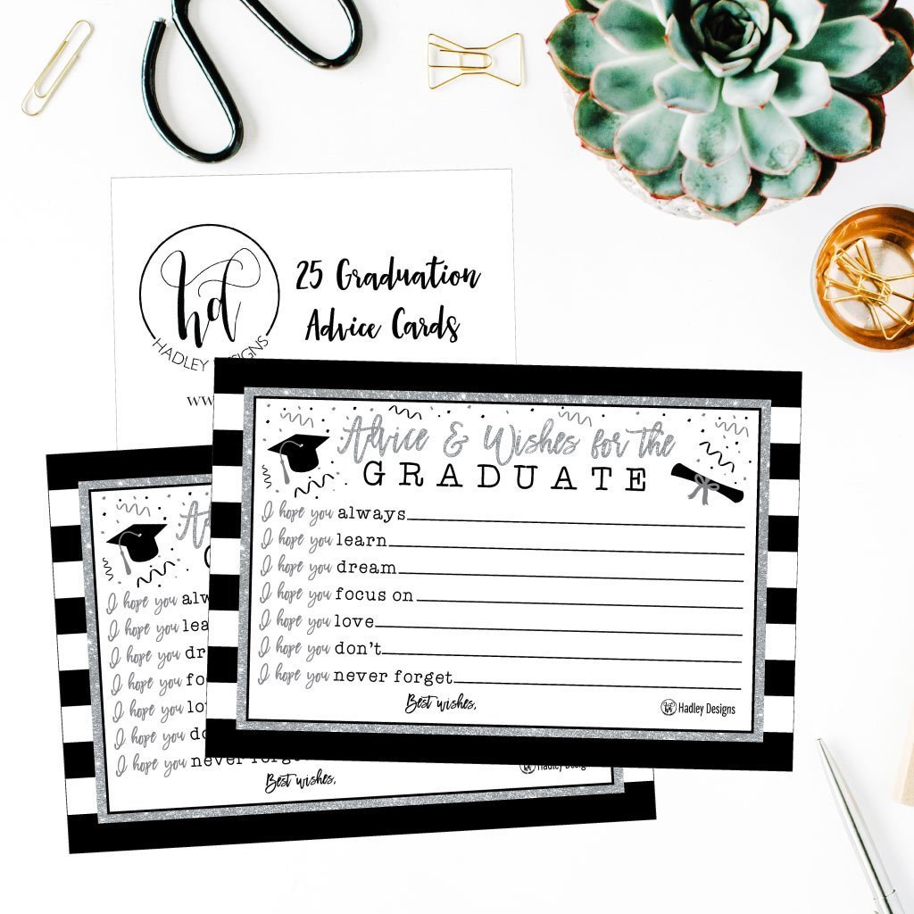 25 Silver Graduation Advice Words of Wisdom Cards For Graduate Class of 2018 College, High School, University Grad, Funny Black and Gold Party Games, Presents, Activities Keepsakes for 4x6 photo album