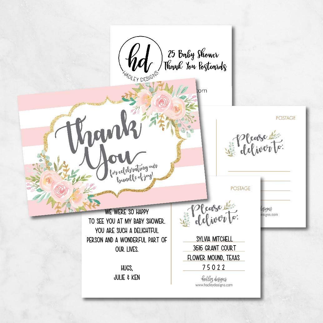 25 Girl Baby Shower Thank You Note Card Bulk Set, Floral Pink and Gold Blank Cute Sprinkle Postcards, No Envelope Needed Stationery Appreciation For Party Gifts, Personalize Printable Cardstock Paper