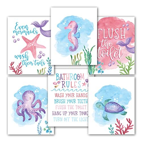 Mermaid Bathroom Wall Art | Set of 6 | Home Decor